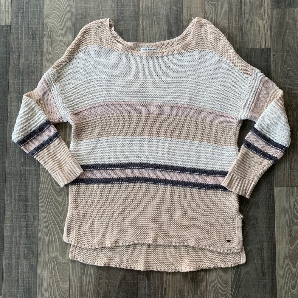 American Eagle Stripped Oversized 3/4 Sleeve Knit Sweater Cream White Blue Pink